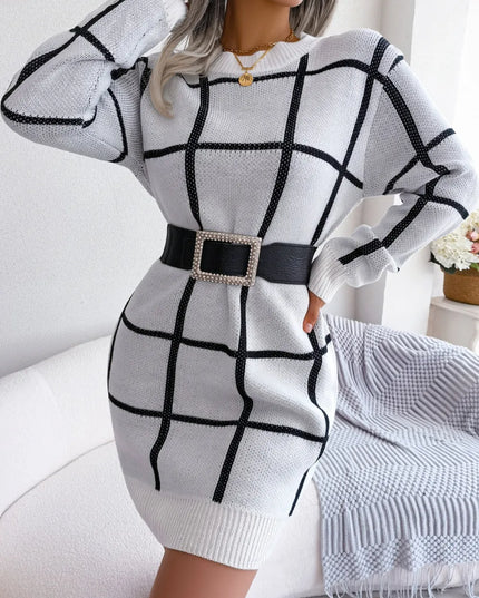 Plaid Round Neck Dropped Shoulder Sweater Dress