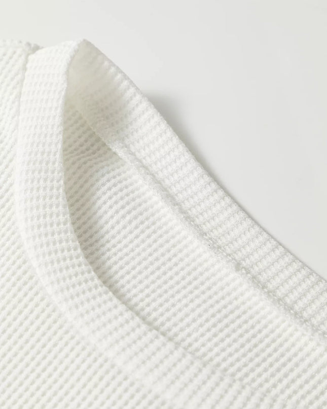 Rounded Neck Waffle Long Sleeve Top