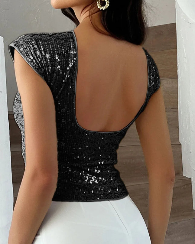 Devine Sequin Round Neck Backless T-Shirt