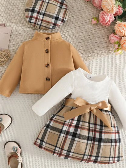 Children's Plaid 3-Piece Outfit Set Khaki