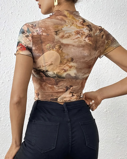 Abstract Print Ruffled Mock Neck Crop T-Shirt
