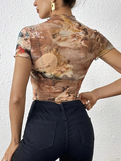 Abstract Print Ruffled Mock Neck Crop T-Shirt