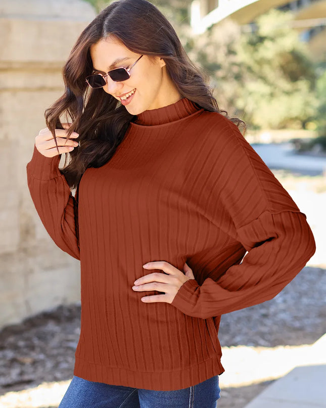 Basic Bae Full Size Ribbed Exposed Seam Mock Neck Knit Top Rust