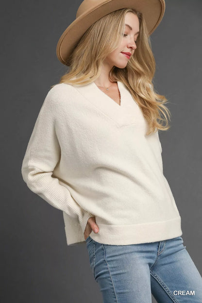Umgee V-Neck Sweater with Wide Trim Detail