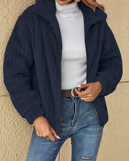 Plush Zip Up Long Sleeve Jacket Dark Blue