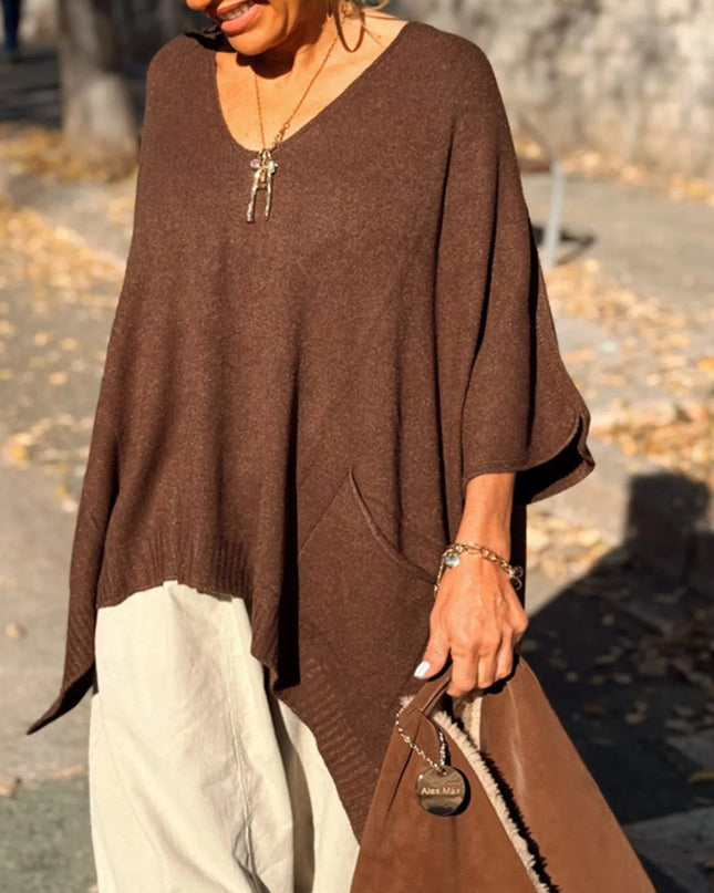 Ribbed Hem V-Neck Sweater