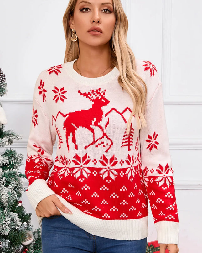 Angel Wings Deer Pattern Round Neck Long Sleeve Sweater