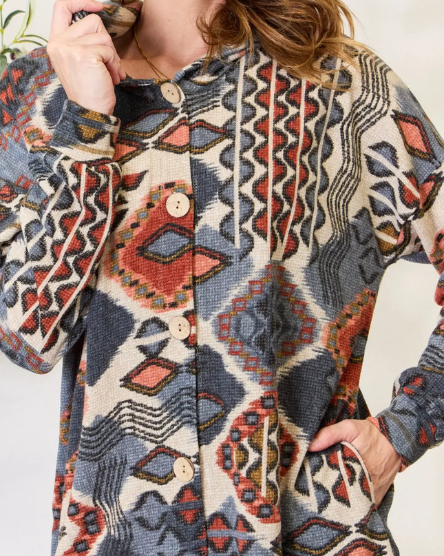 Heimish Full Size Printed Button Up Hooded Jacket