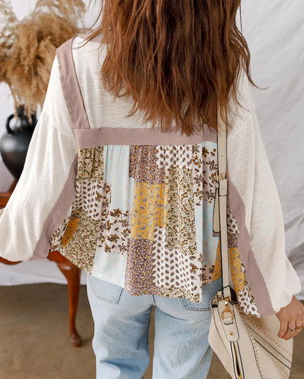 Floral Printed Contrast Patchwork Long Sleeve Top