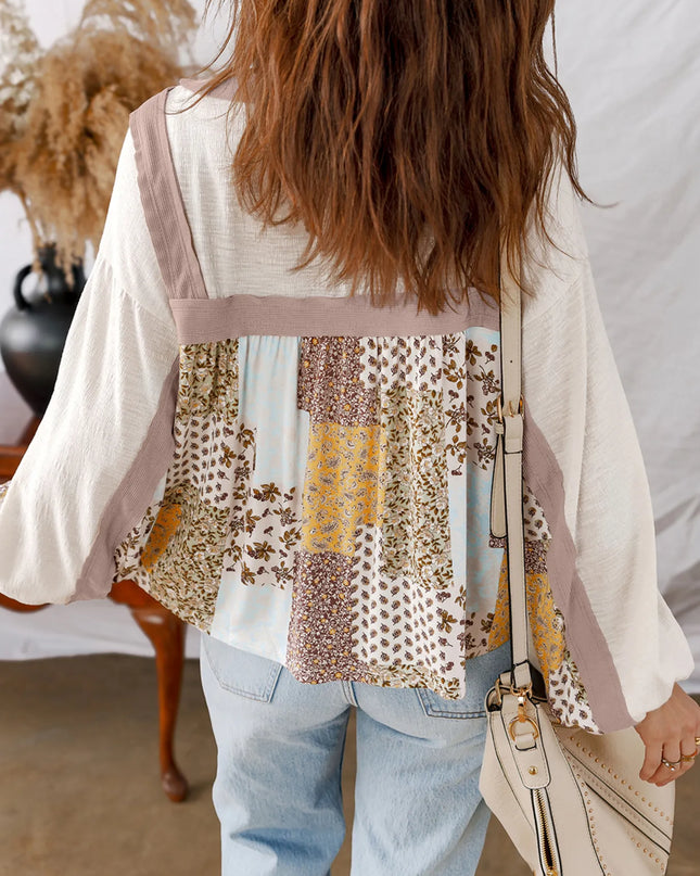 Floral Printed Contrast Patchwork Long Sleeve Top
