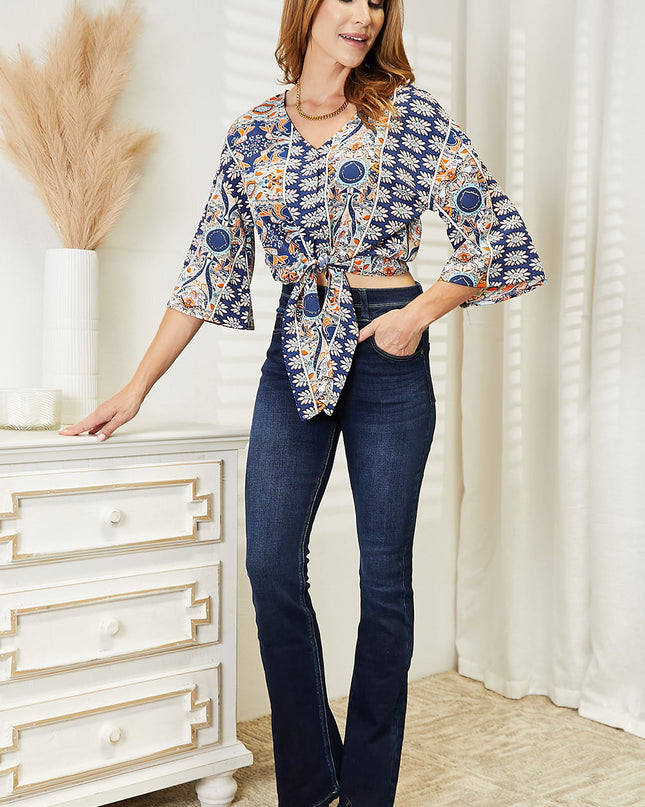 Tie Hem V-Neck Three-Quarter Sleeve Blouse