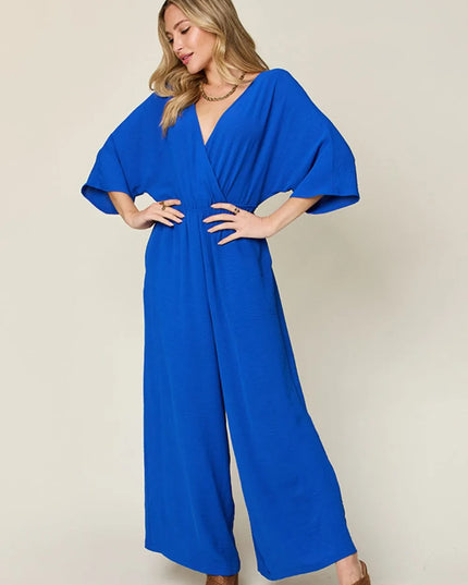 Double Take Full Size Surplice Wide Leg Jumpsuit with Pockets Royal Blue
