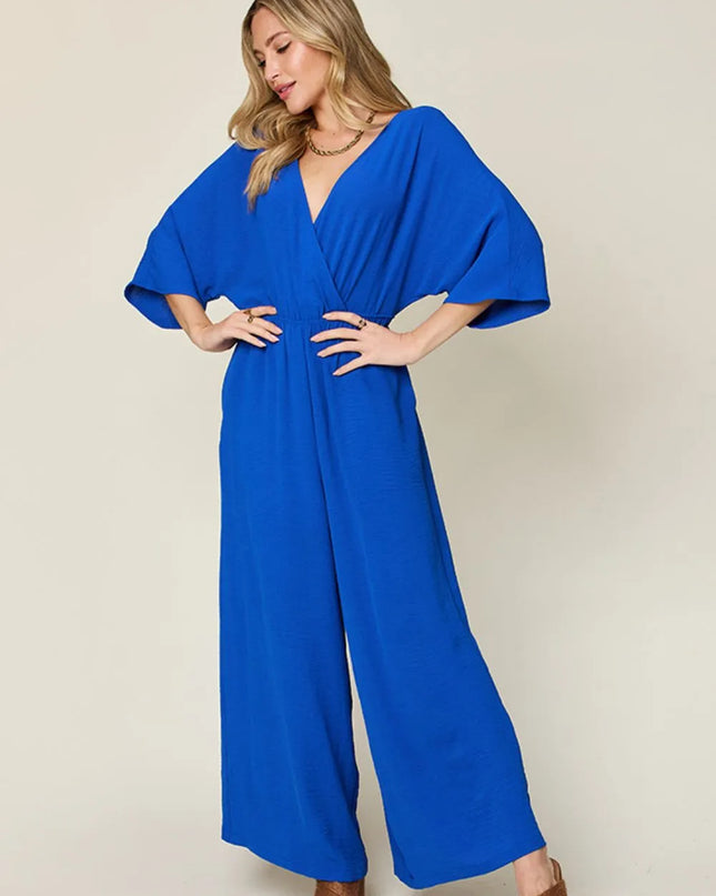 Double Take Full Size Surplice Wide Leg Jumpsuit with Pockets Royal Blue