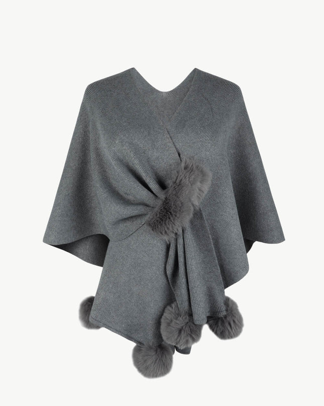 Surplice Neck Pom-Pom Trim Poncho Charcoal One Size