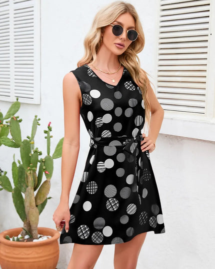 Tied Polka Dot V-Neck Dress Black