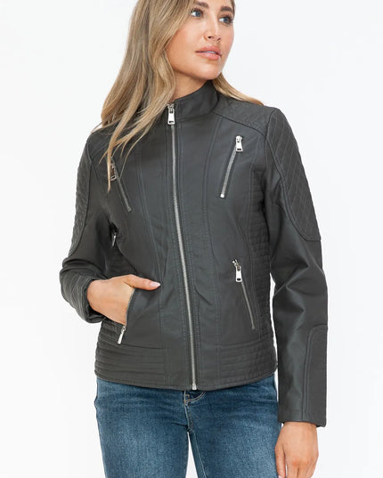 Snobbish Faux Leather Zip Up Mock Neck Jacket