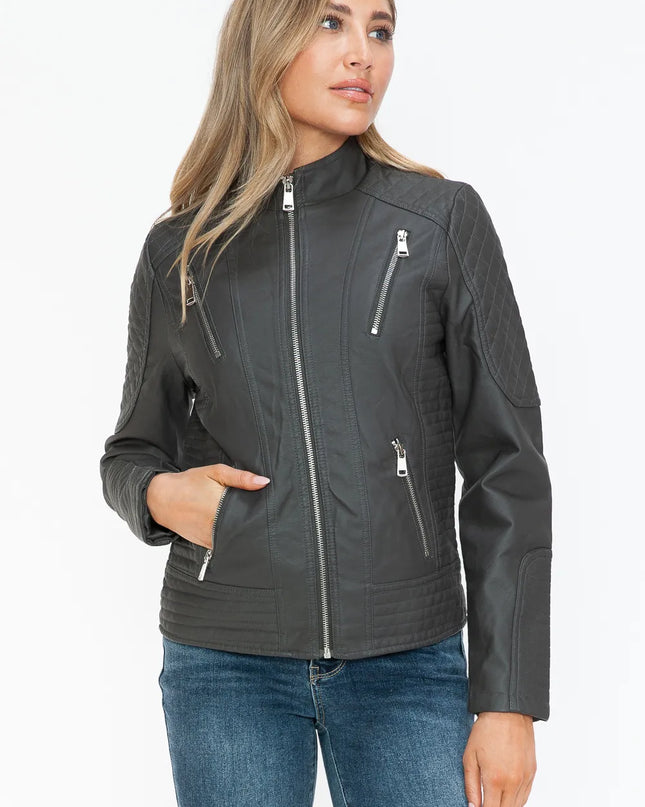 Snobbish Faux Leather Zip Up Mock Neck Jacket