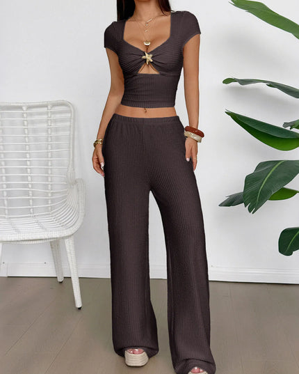 Cutout Short Sleeve Top and Pants Set Brown