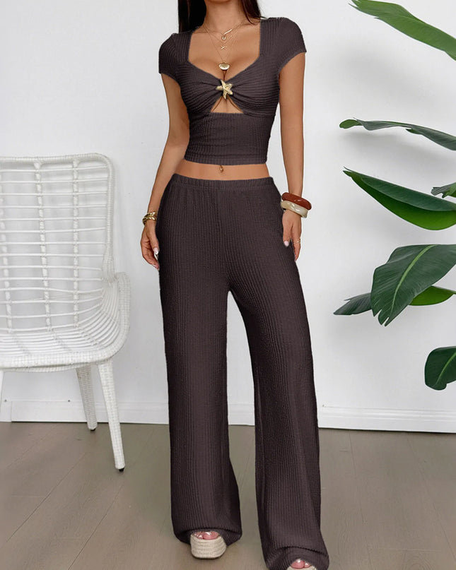Cutout Short Sleeve Top and Pants Set Brown