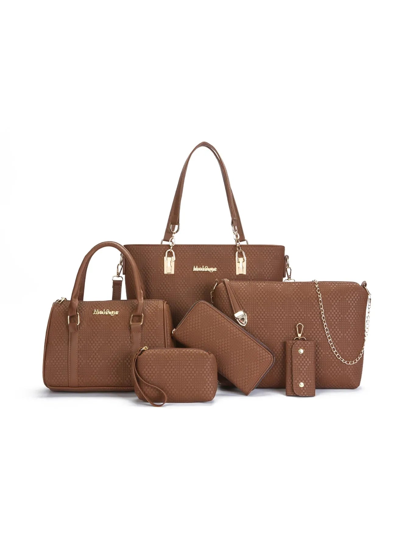 6-Piece Leather Textured Bag Set Brown onesize