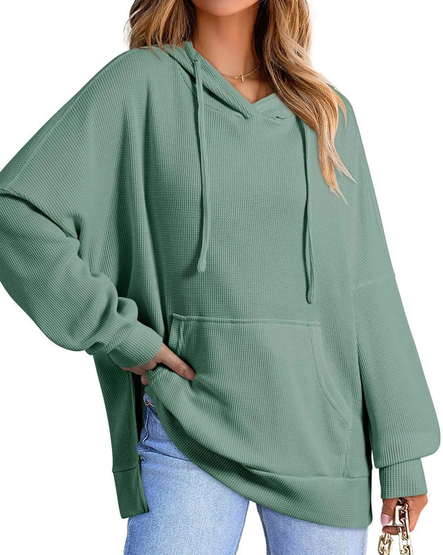 Slit Drawstring Waffle Knit Hoodie Bean Green