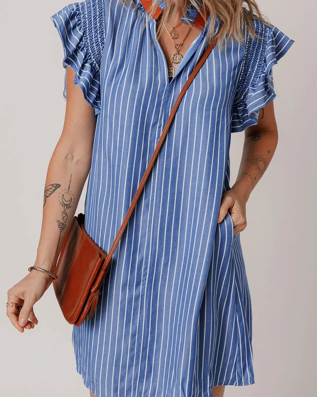 Stripe Frilly Split Neck Shirred Ruffle Sleeve Short Shift Dress Dusty Blue