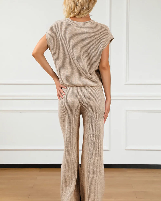 Pocketed V-Neck Top and Wide Leg Sweater Set