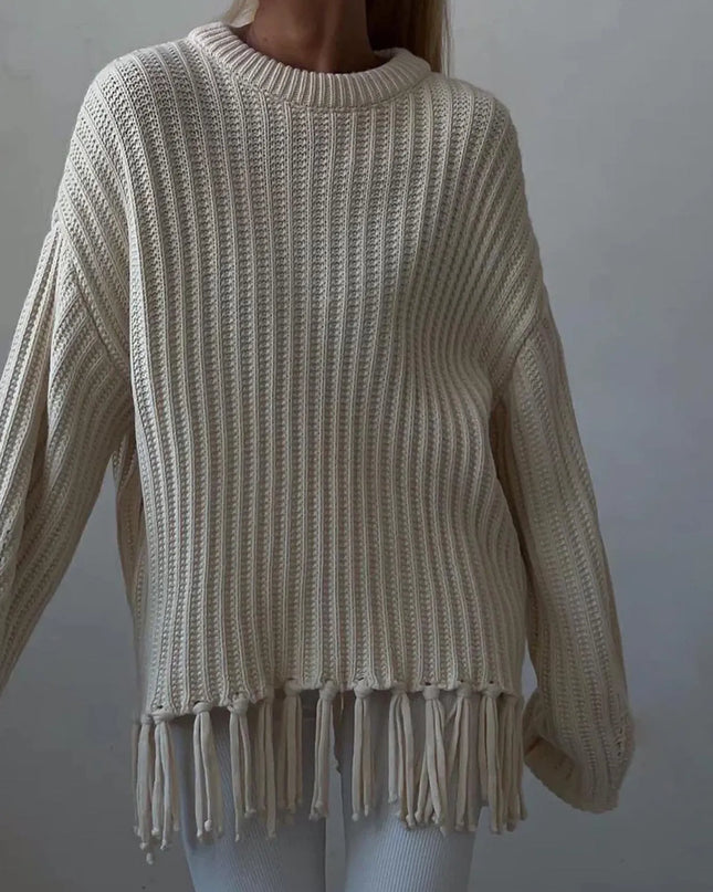Fringe Round Neck Long Sleeve Sweater Beige