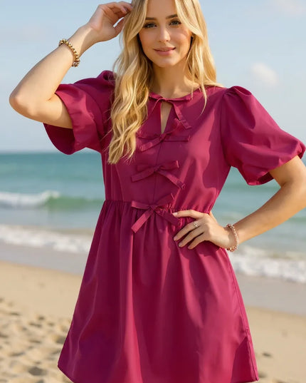 Oh Bow Ruched Puff Sleeve Mini Dress Cerise