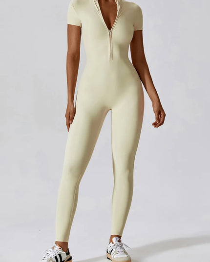 Basic Bae Half Zip Short Sleeve Active Jumpsuit 