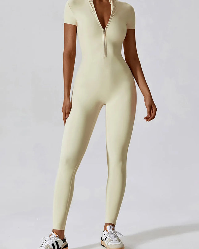 Basic Bae Half Zip Short Sleeve Active Jumpsuit 