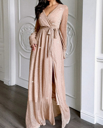 Surplice Slit Tie Waist Maxi Dress Gold