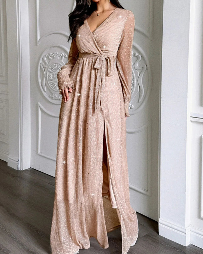 Surplice Slit Tie Waist Maxi Dress Gold