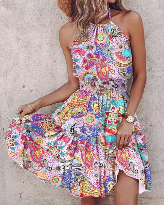 Paisley Print Halter Neck Mini Dress Light Purple