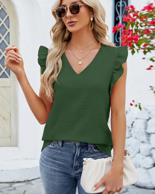 Ruffled V-Neck Cap Sleeve Blouse 