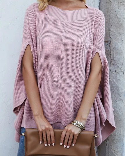 Waffle-Knit Pocketed Cape Sleeve Sweater
