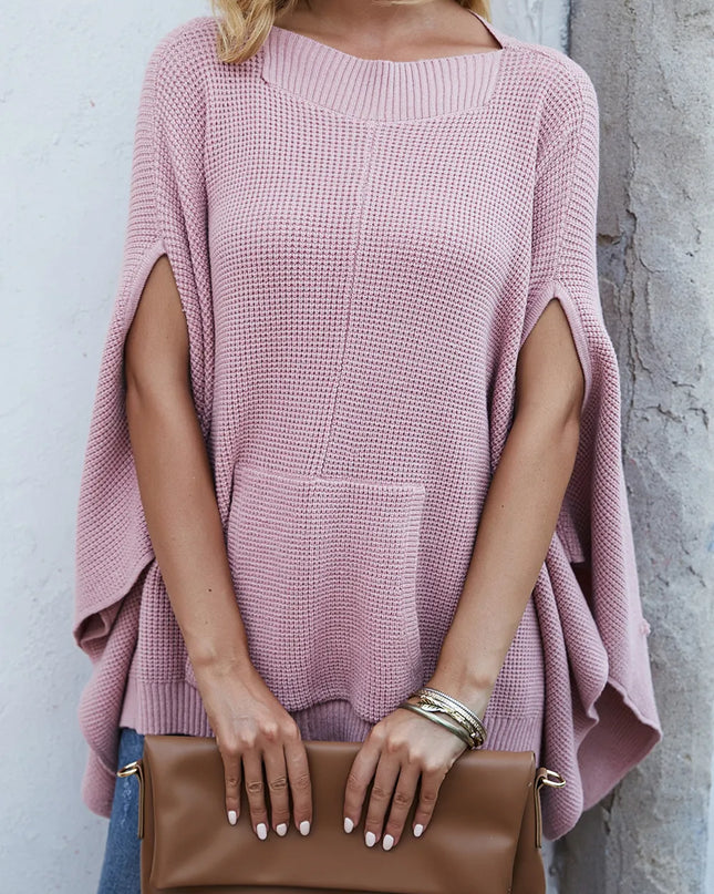 Waffle-Knit Pocketed Cape Sleeve Sweater