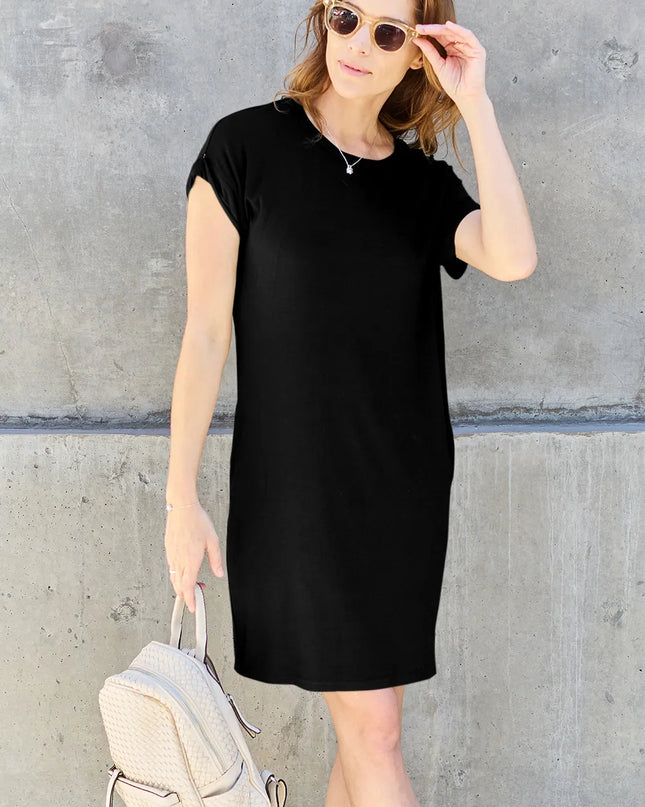 Basic Bae Bamboo Full Size Round Neck Short Sleeve Dress with Pockets Black