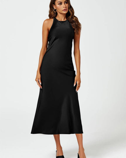 Slim-Fit Satin Midi Dress in Black