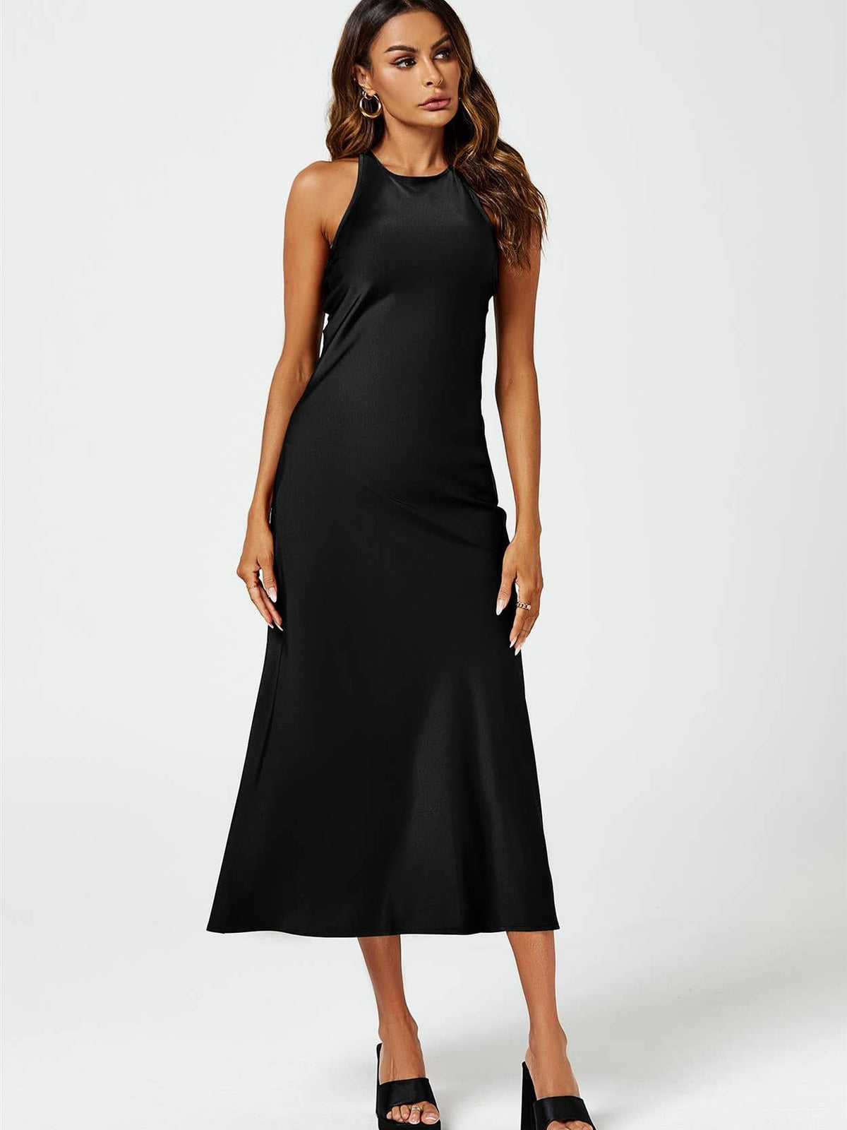 Slim-Fit Satin Midi Dress in Black