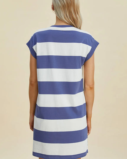 Basic Bae Full Size Striped Round Neck Cap Sleeve Mini Dress