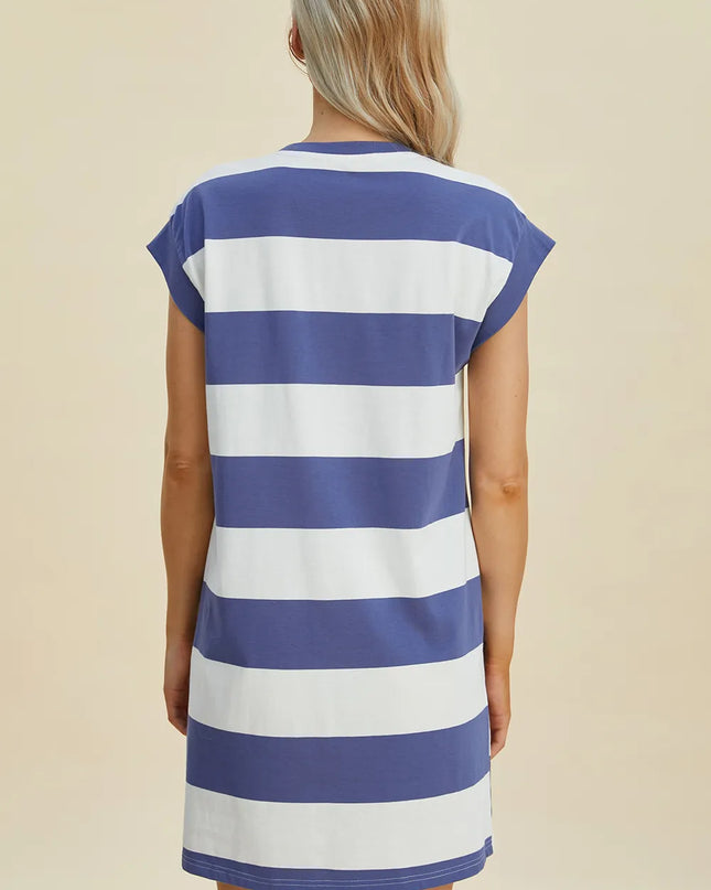 Basic Bae Full Size Striped Round Neck Cap Sleeve Mini Dress
