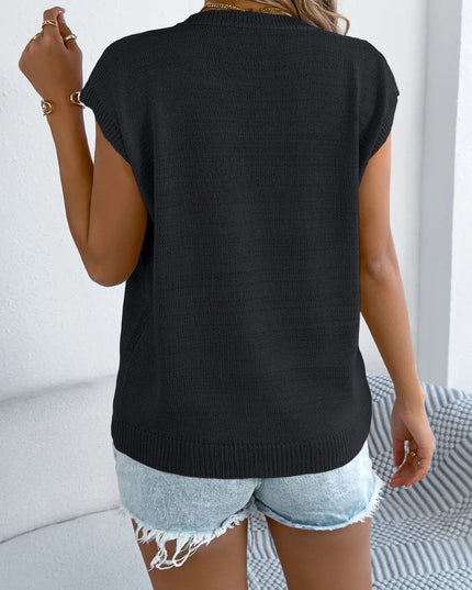 Cable Knit Heart Round Neck Cap Sleeve Knit Top