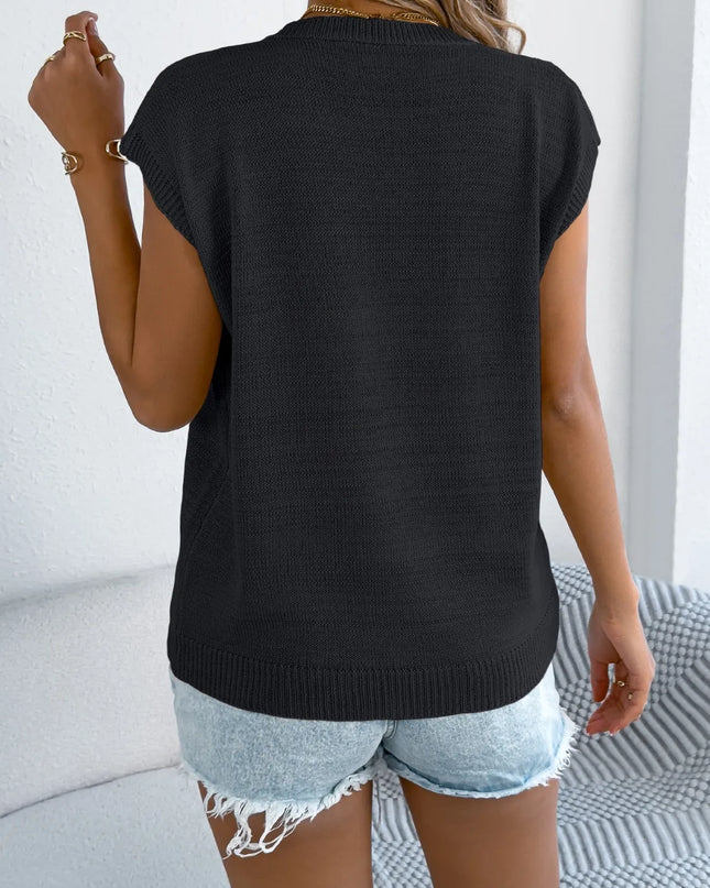 Cable Knit Heart Round Neck Cap Sleeve Knit Top