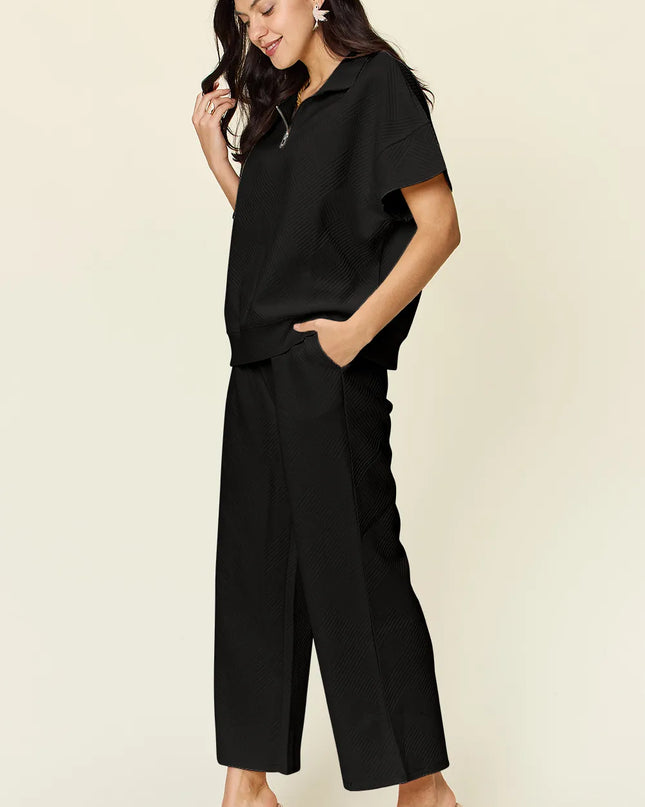 Double Take Full Size Texture Half Zip Short Sleeve Top and Pants Set