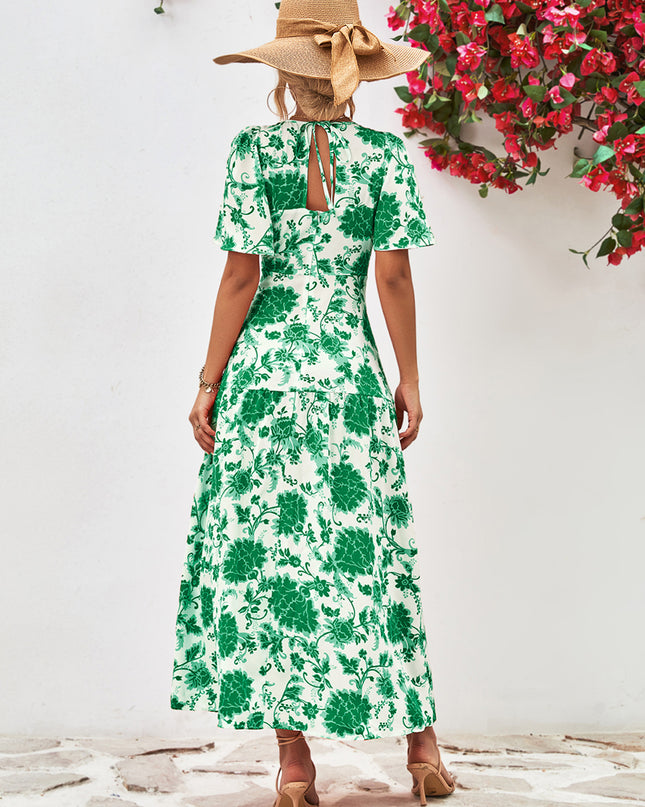 Floral Round Neck Tied Open Back Dress