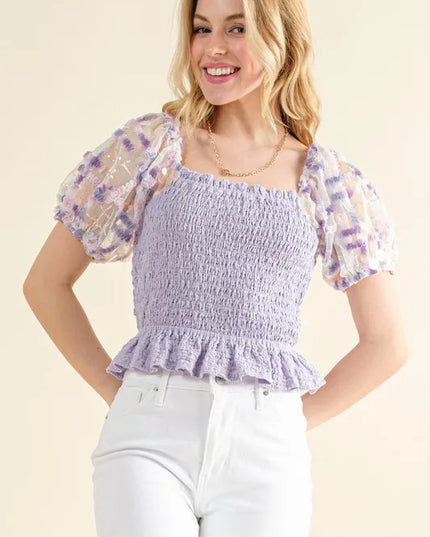 And The Why Embellishment Sleeve Smocked Top