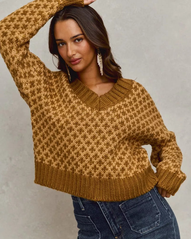 SO ME Color Block Textured Christmas Sweater V Neck Top