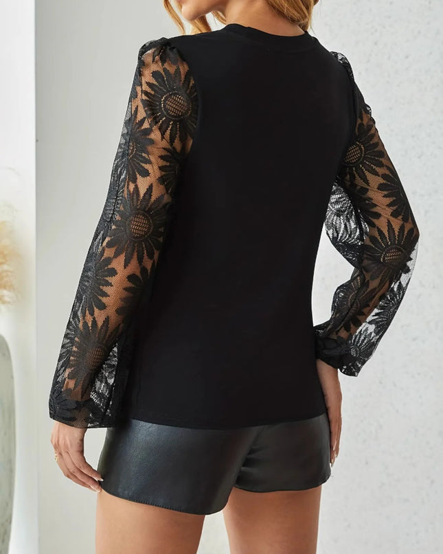 Lace Long Sleeve Round Neck Blouse
