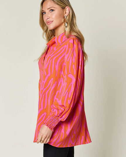 Double Take Full Size Printed Smocked Long Sleeve Blouse Plus Size